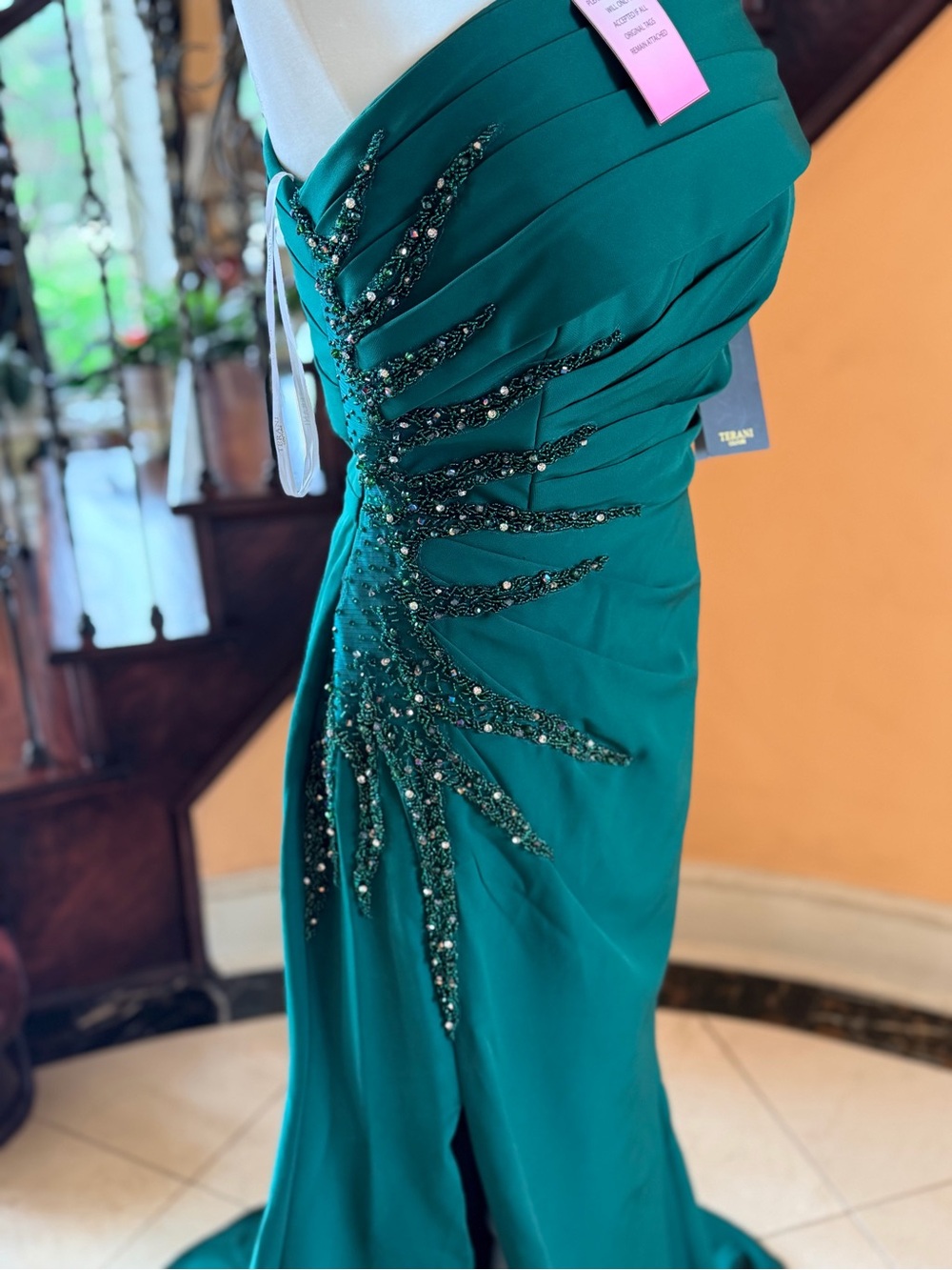 Terani Couture Emerald Green One-Shoulder Beaded Gown - Picture 2 of 13
